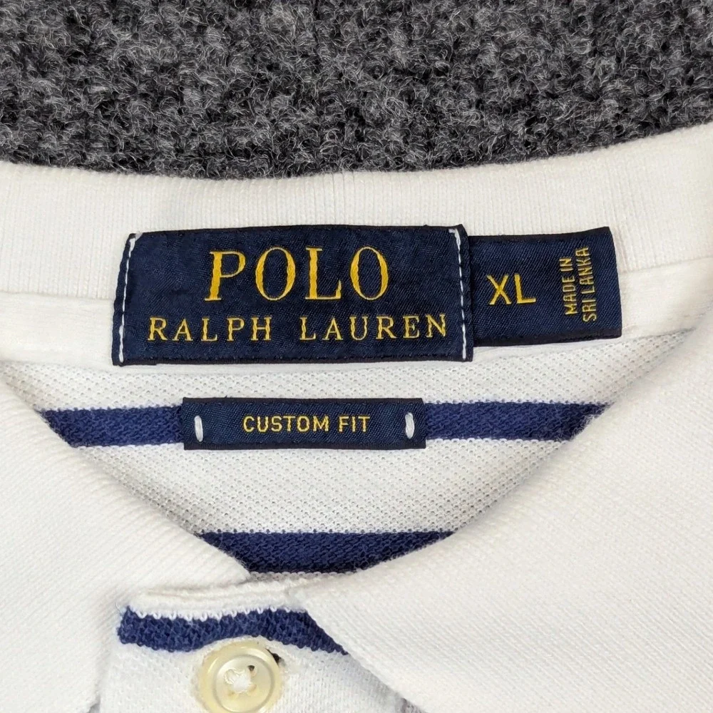 Polo Ralph Lauren Mens XL Custom Fit Striped Polo Shirt White Navy Blue Cotton